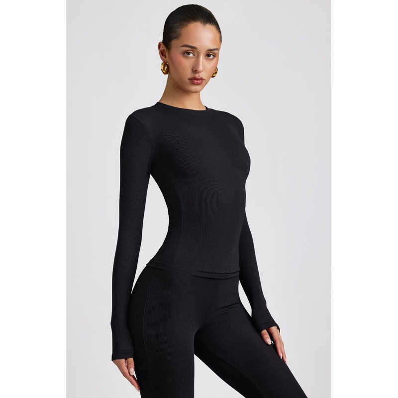 Ribbed Modal Crew Neck Top in Black