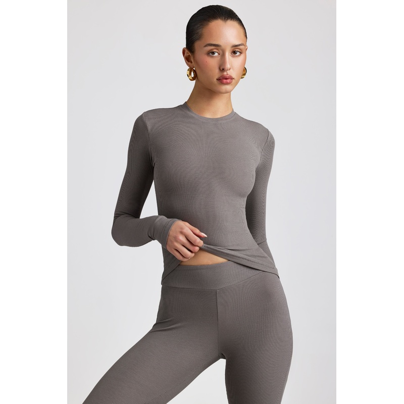 Ribbed Modal Crew Neck Top in Grey