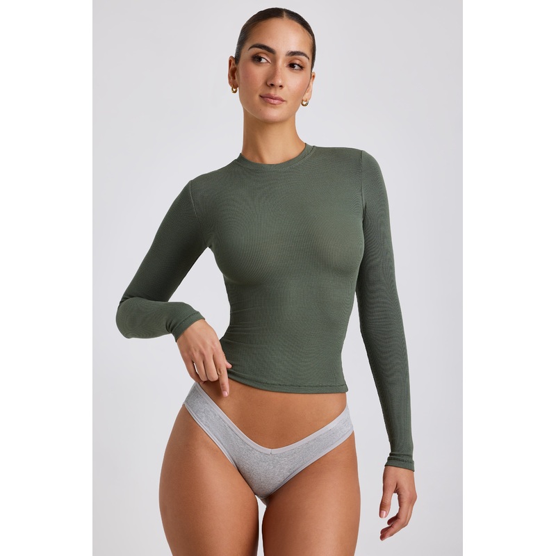 Ribbed Modal Crew Neck Top in Khaki Green