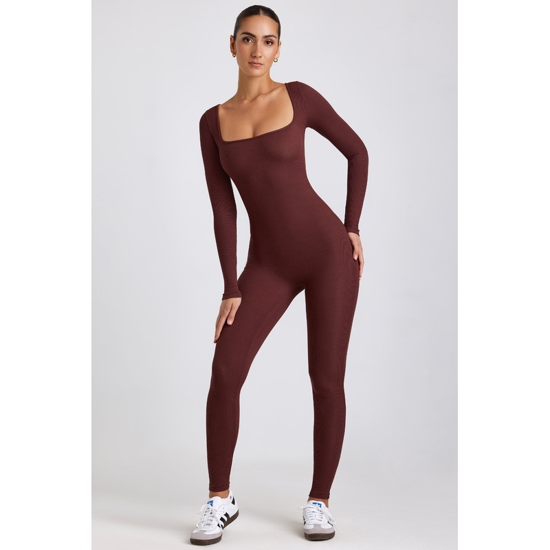 Ribbed Modal Long Sleeve Jumpsuit in Espresso
