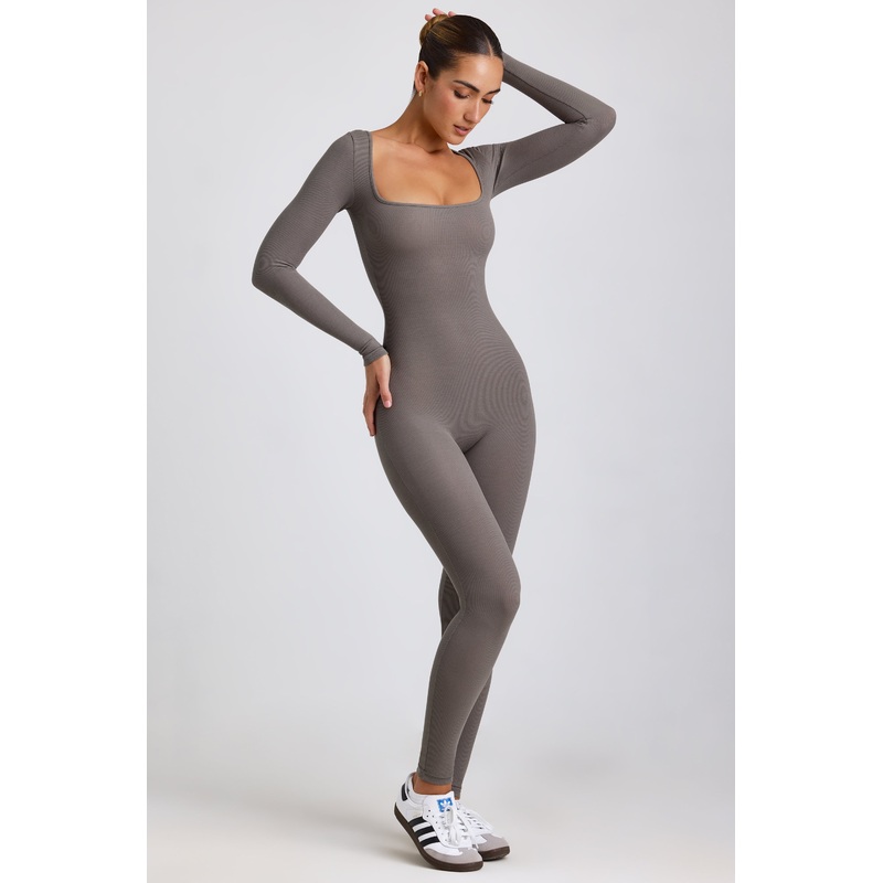 Ribbed Modal Long Sleeve Jumpsuit in Grey