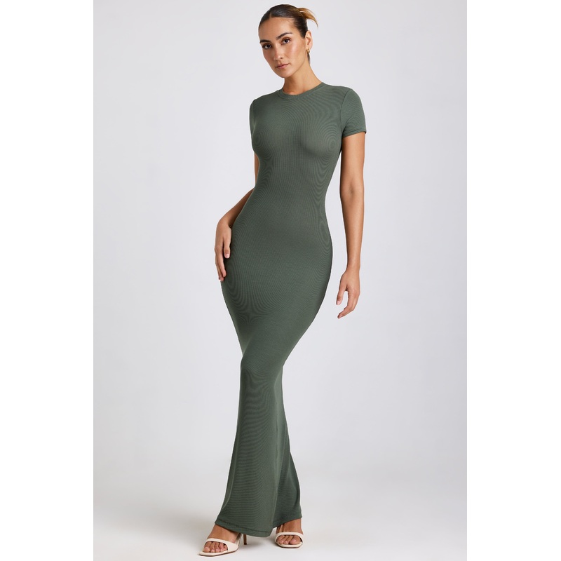 Ribbed Modal Maxi Dress in Khaki Green