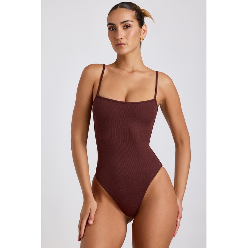 Ribbed Modal Square Neck Bodysuit in Chocolate