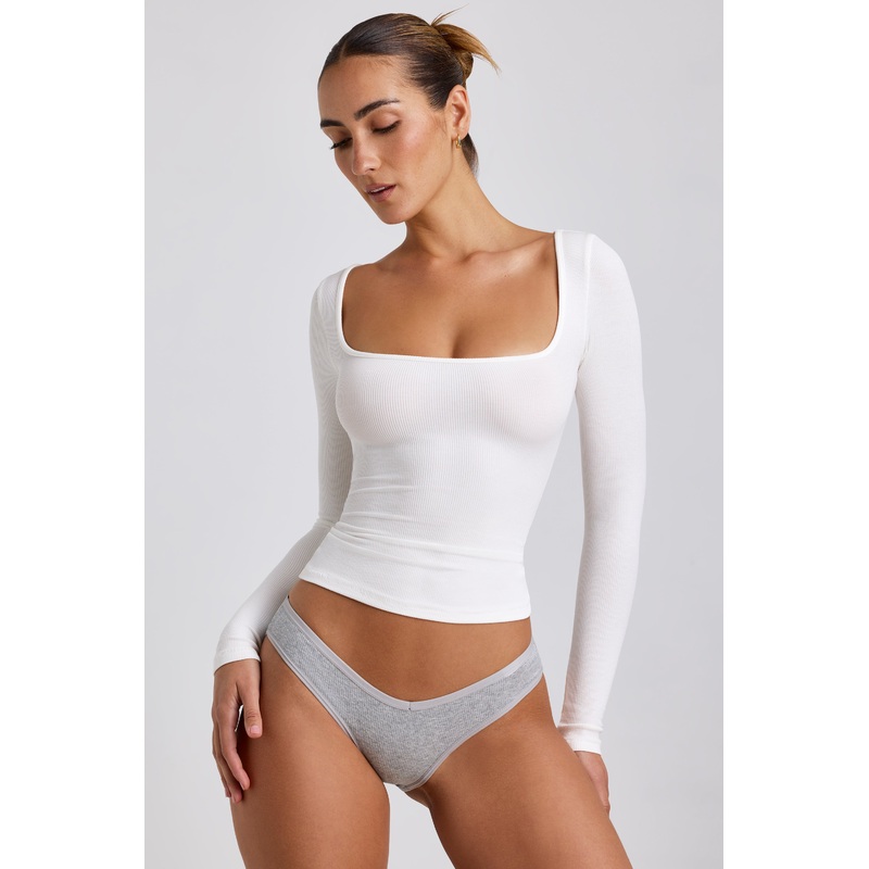 Ribbed Modal Square Neck Long Sleeve Top in White