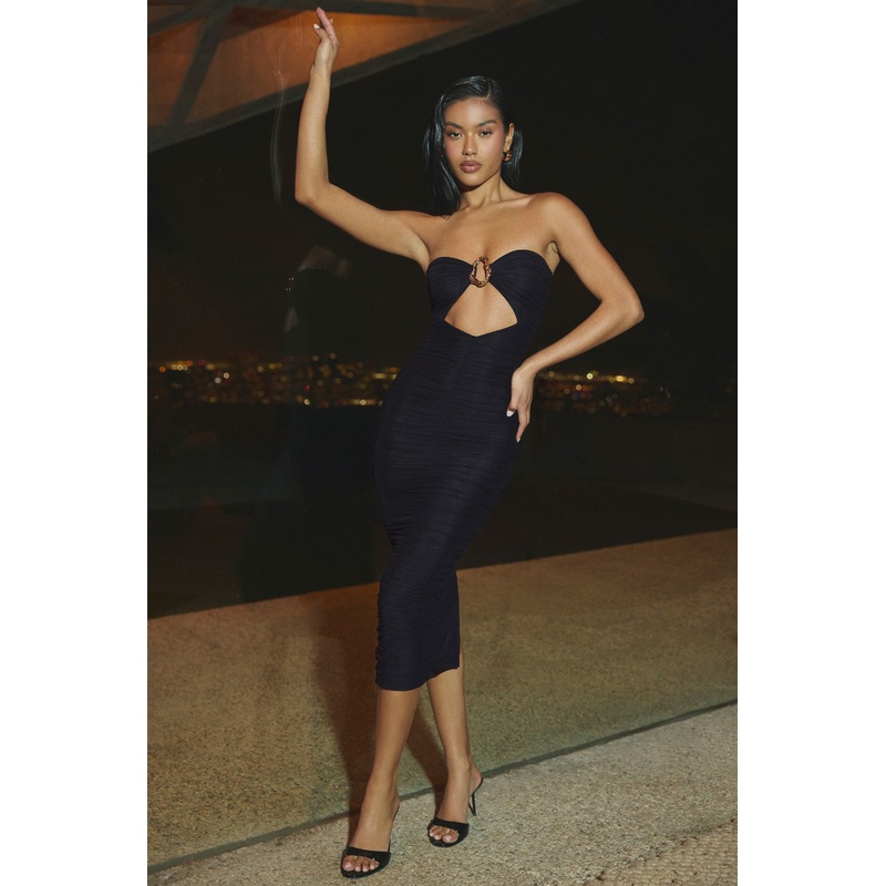 Ruched Hardware Detail Strapless Midaxi Dress in Black