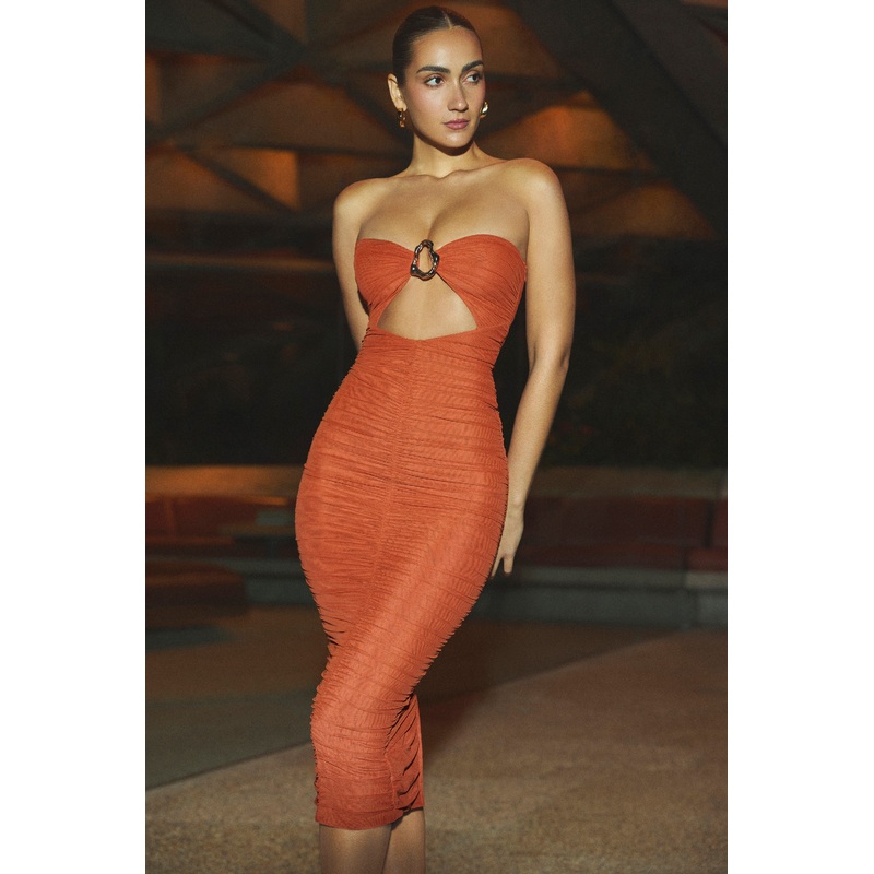Ruched Hardware Detail Strapless Midaxi Dress in Burnt Orange