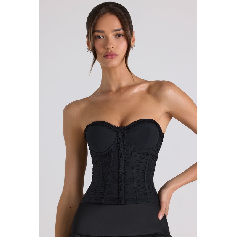 Ruched Lace-Up Strapless Corset Top in Black