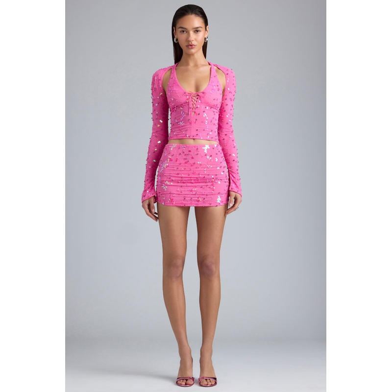 Ruched Mid-Rise Micro Mini Skirt in Bubblegum Pink