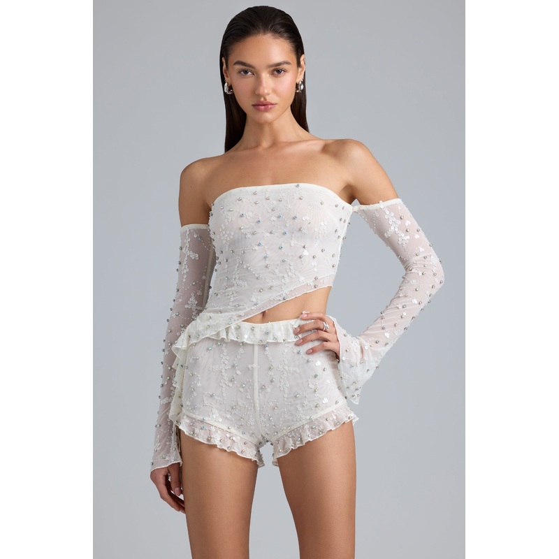 Ruched Ruffle Asymmetric Top in Ivory