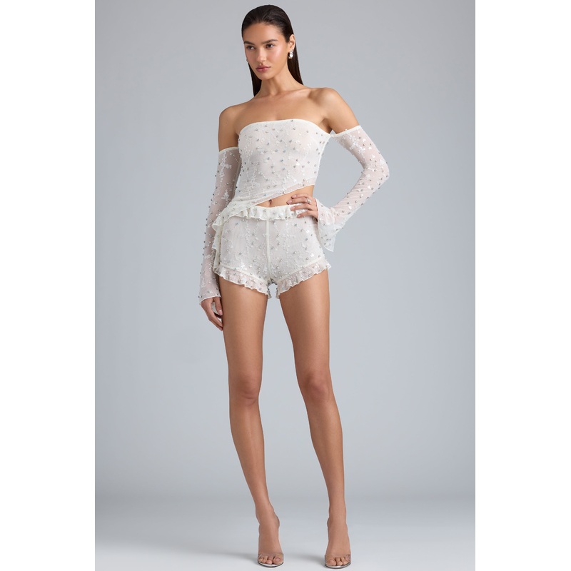 Ruffle Mid-Rise Hot Pant Shorts in Ivory