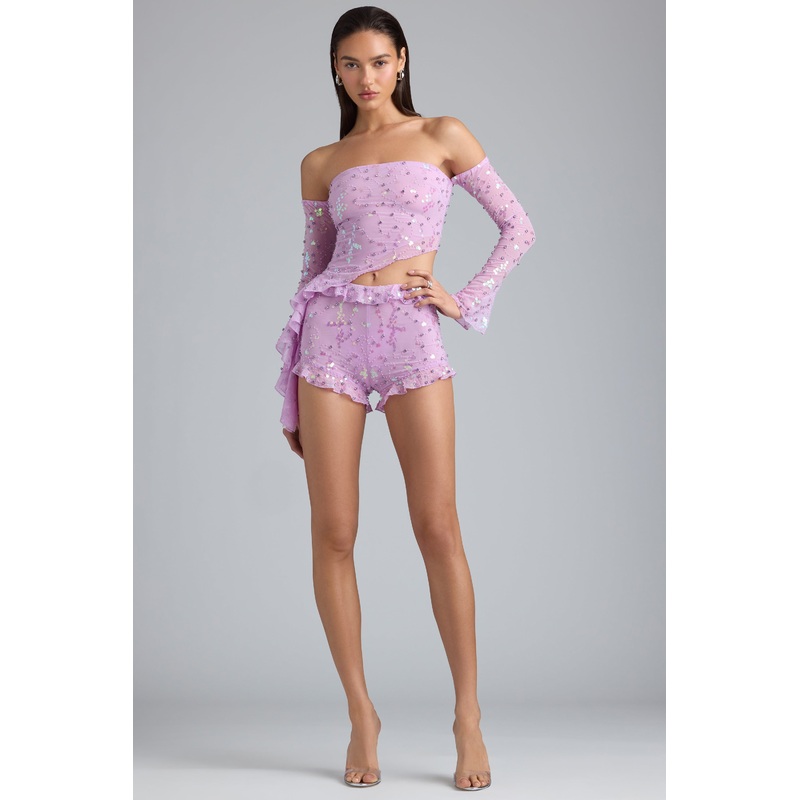 Ruffle Mid-Rise Hot Pant Shorts in Violet Pink
