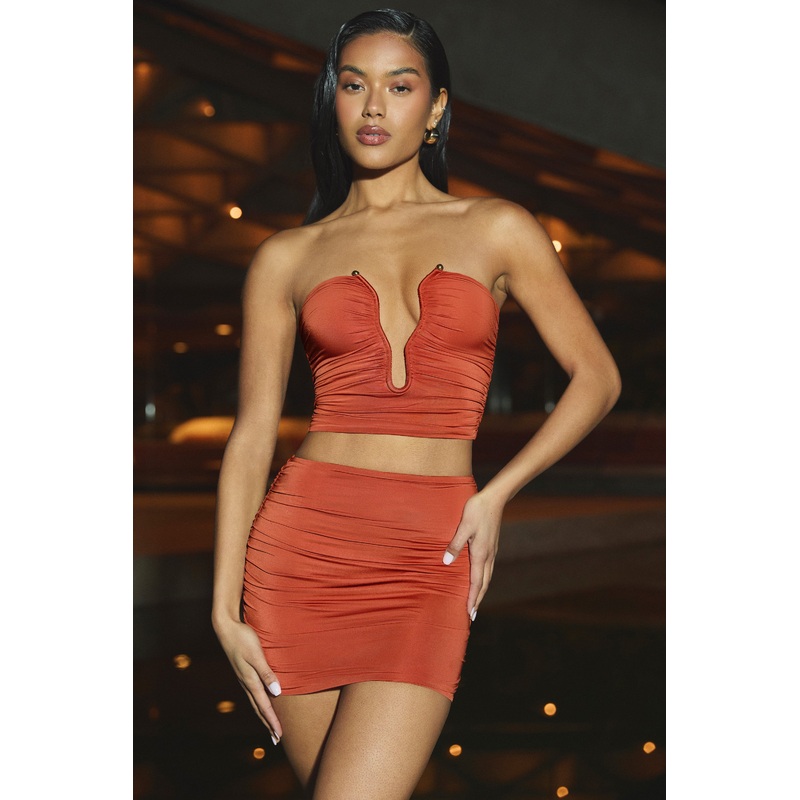 Slinky Jersey Ruched Micro Mini Skirt in Burnt Orange
