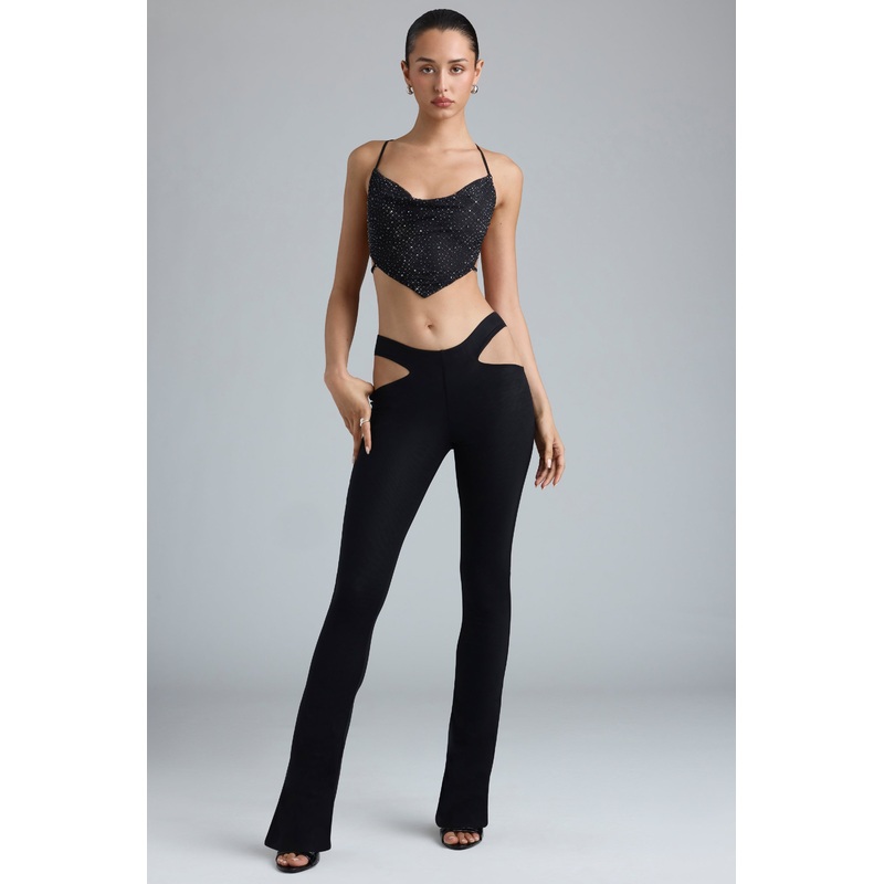 Tall Metallic Cut-Out Low-Rise Flared Trousers in Black