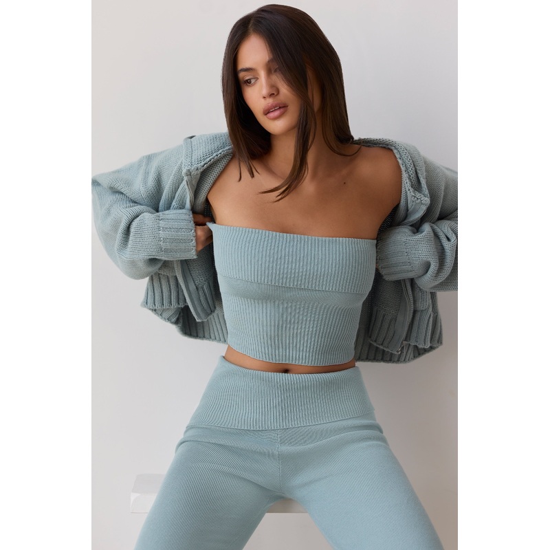 Bandeau Chunky Knit Crop Top in Dusty Teal