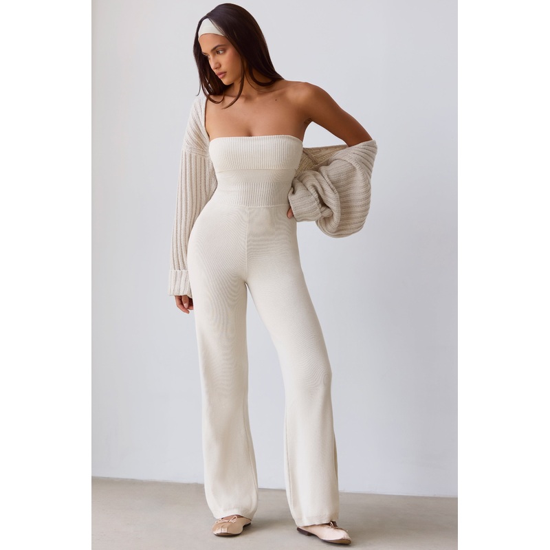 Bandeau Kick Flare Chunky Knit Jumpsuit in Cream