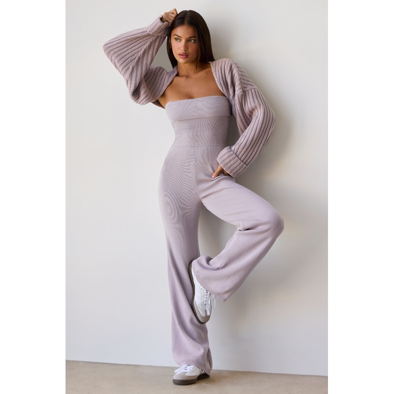 Bandeau Kick Flare Chunky Knit Jumpsuit in Dusty Lavender