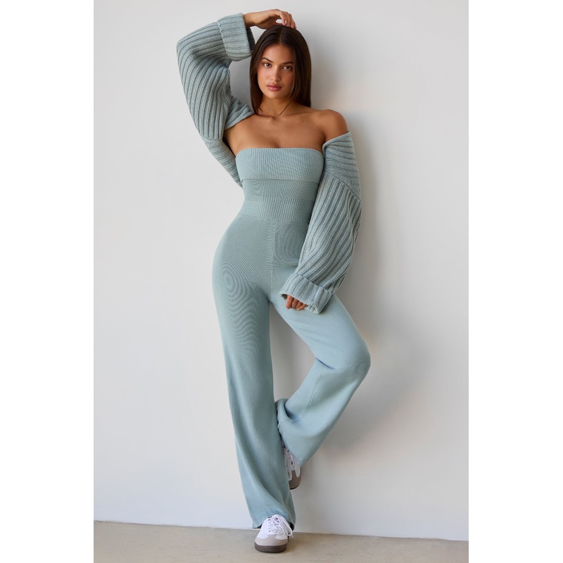 Bandeau Kick Flare Chunky Knit Jumpsuit in Dusty Teal