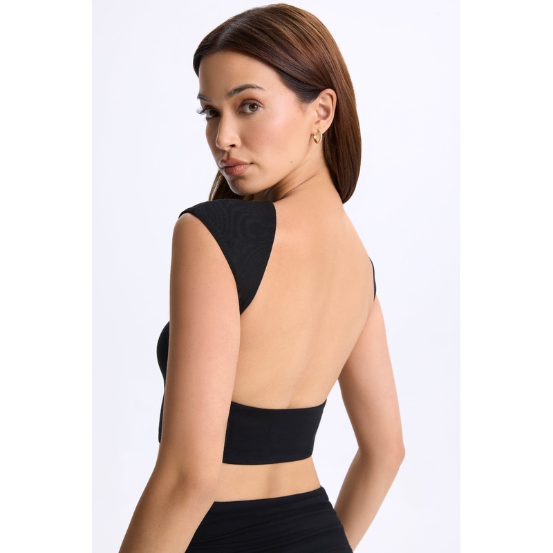 Cap-Sleeve Open-Back Crop Top in Black