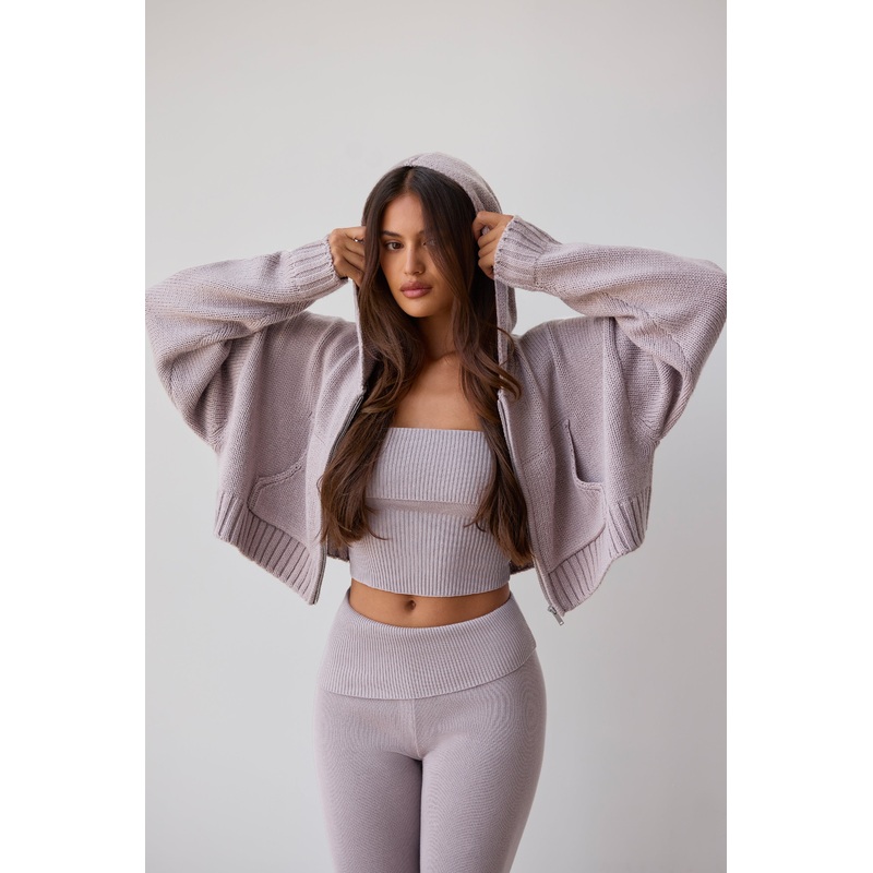 Cropped Zip-Up Chunky Knit Hoodie in Dusty Lavender