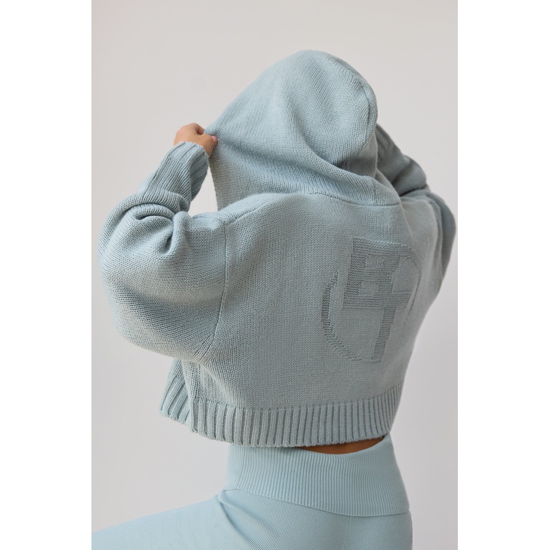 Cropped Zip-Up Chunky Knit Hoodie in Dusty Teal