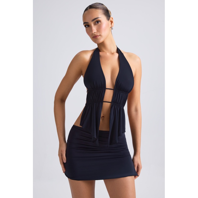 Cut-Out Ruched Halterneck Crop Top in Black