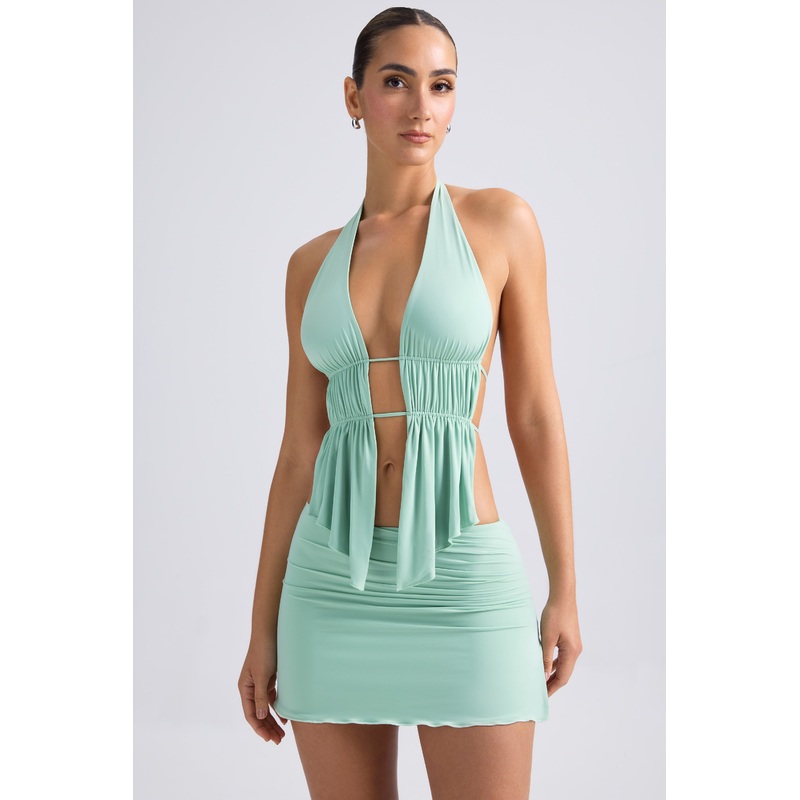 Cut-Out Ruched Halterneck Crop Top in Pastel Green