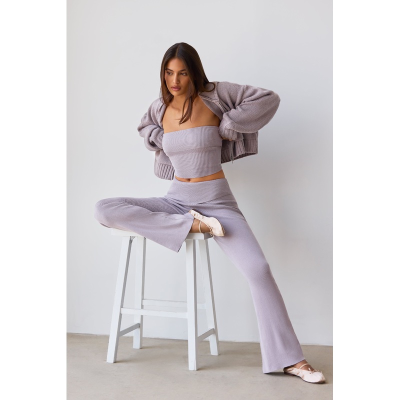 Fold Over Kick Flare Chunky Knit Trousers in Dusty Lavender