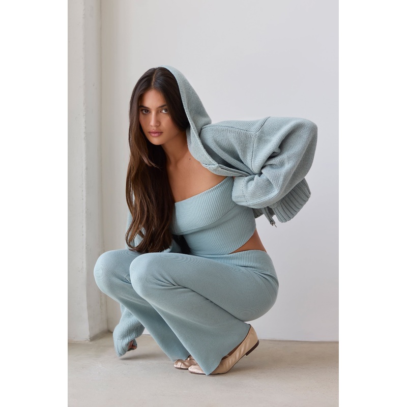 Fold Over Kick Flare Chunky Knit Trousers in Dusty Teal