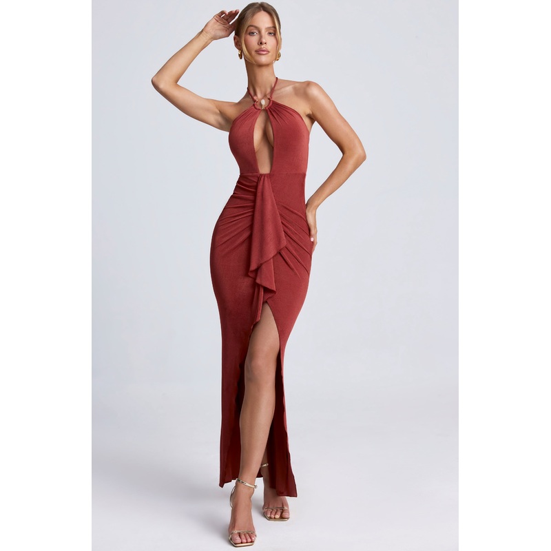 Hardware Detail Cut-Out Halterneck Maxi Dress in Auburn Brown