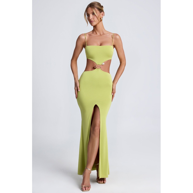 Hardware Detail Cut-Out Maxi Dress in Olive Green