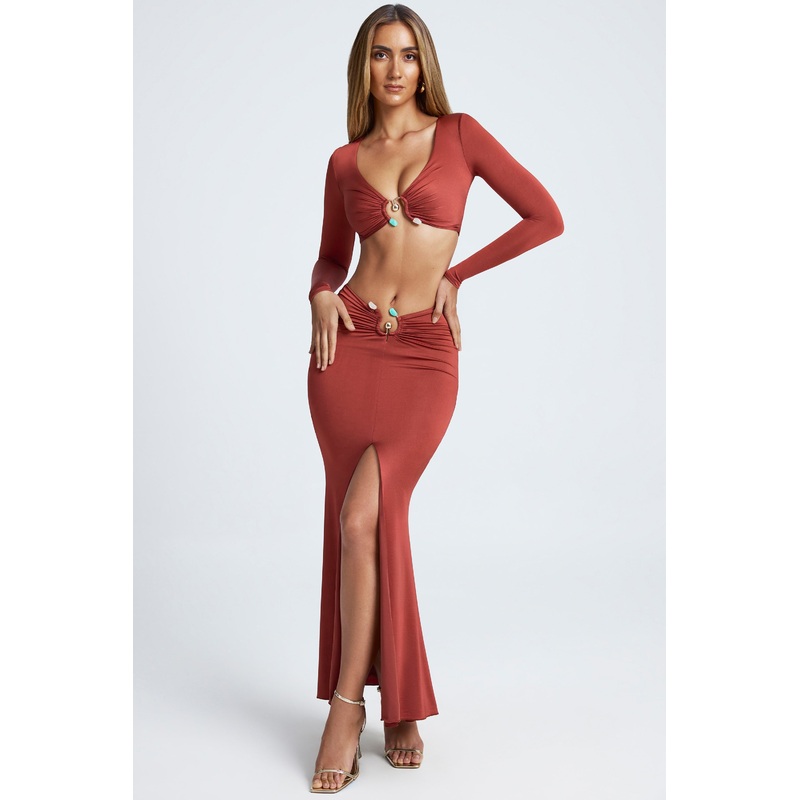 Hardware Detail Fishtail Maxi Skirt in Auburn Brown