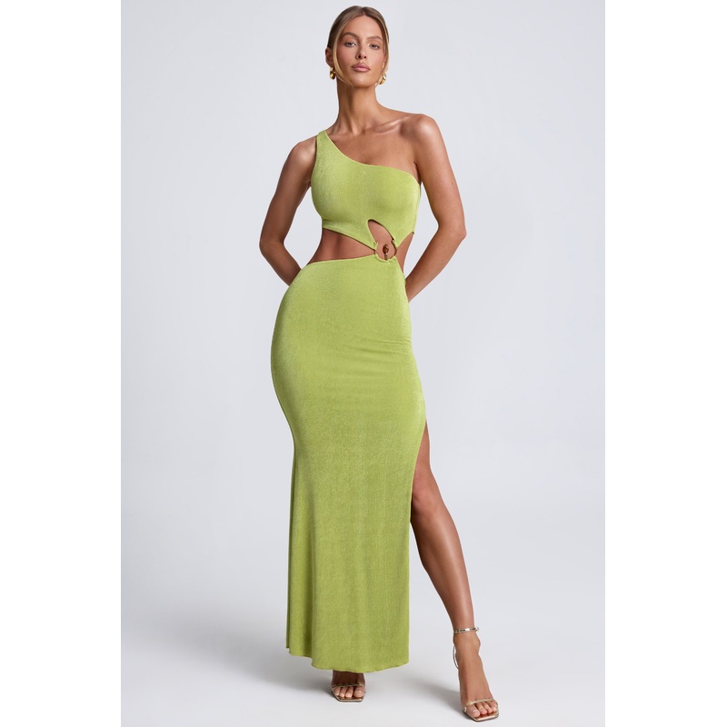 Hardware Detail One-Shoulder Maxi Dress in Olive Green