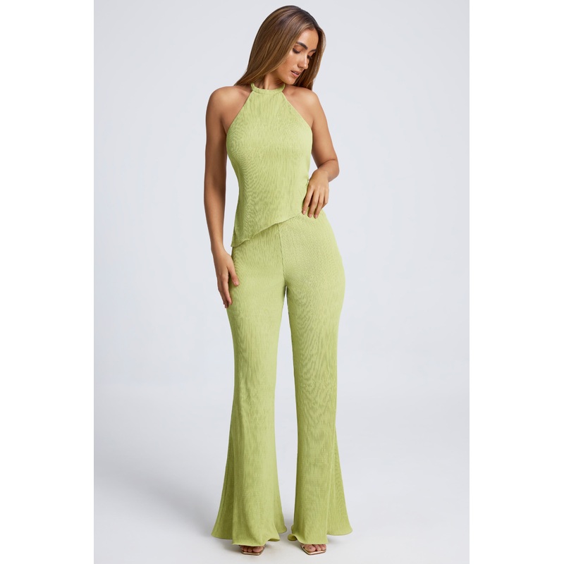 High-Waist Wide-Leg Trousers in Olive Green