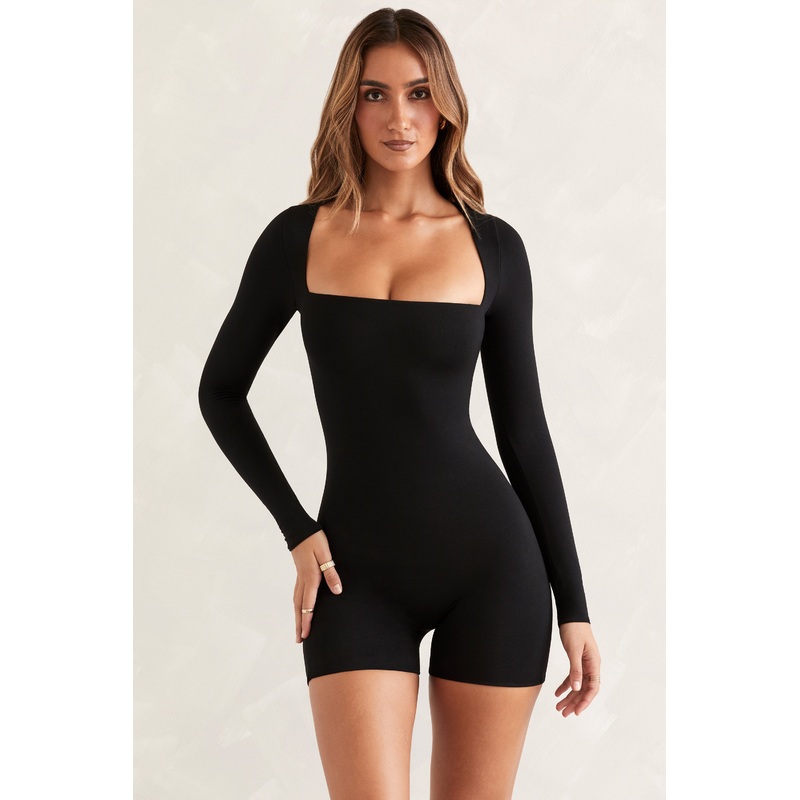 Long Sleeve Square Neck Unitard in Black