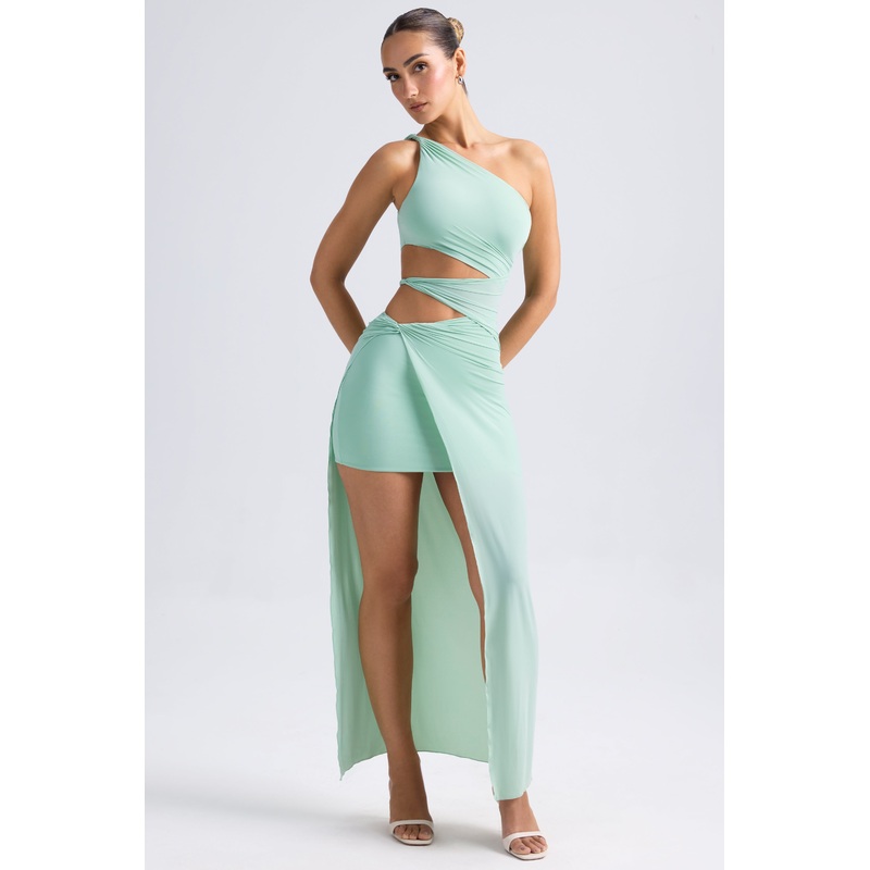 One-Shoulder Draped Cut-Out Maxi Dress in Pastel Green