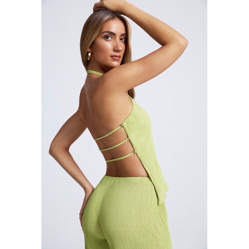 Open-Back Asymmetric Halterneck Top in Olive Green