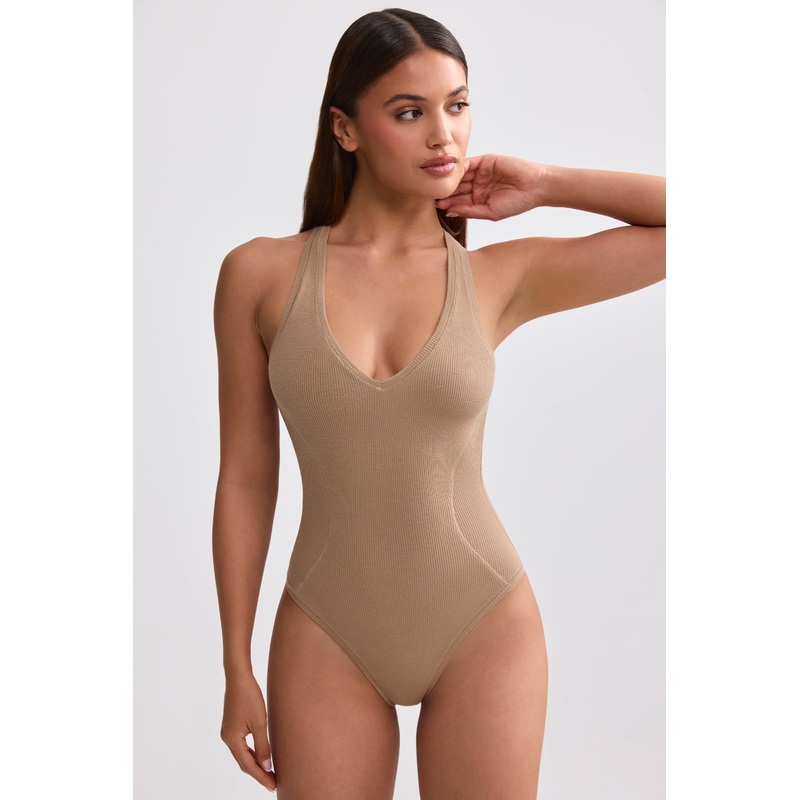 Ribbed Modal V-Neck Bodysuit in Mocha Brown