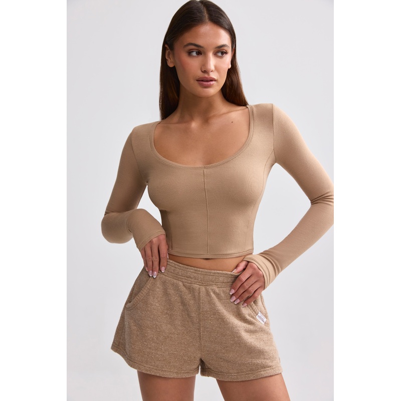 Ribbed Modal V-Neck Crop Top in Mocha Brown