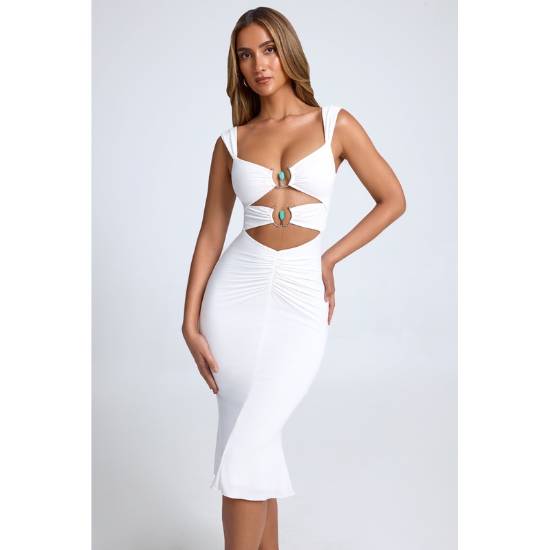 Ruched Hardware Detail Cut-Out Midaxi Dress in White