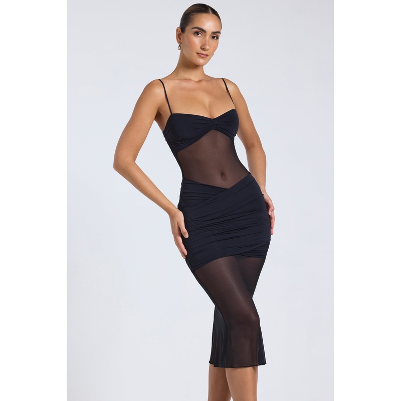Sheer Panelled Draped Midaxi Dress in Black