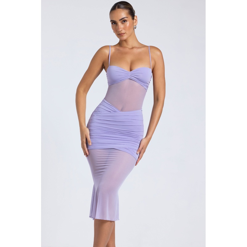 Sheer Panelled Draped Midaxi Dress in Dusty Lilac