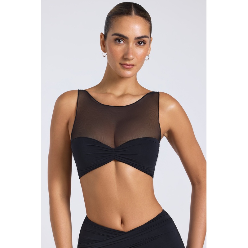 Sheer Panelled Ruched Crop Top in Black