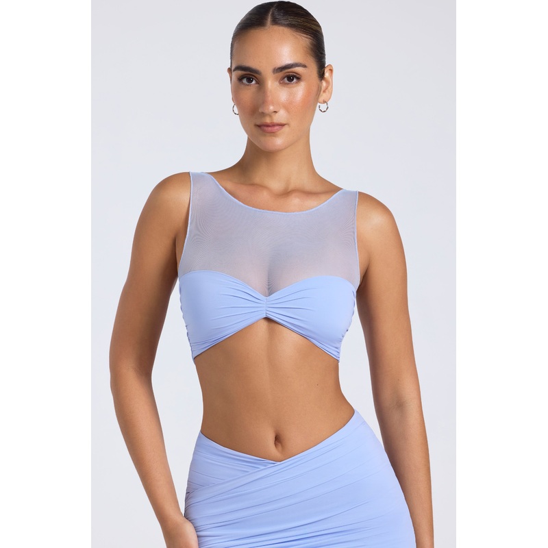 Sheer Panelled Ruched Crop Top in Periwinkle Blue