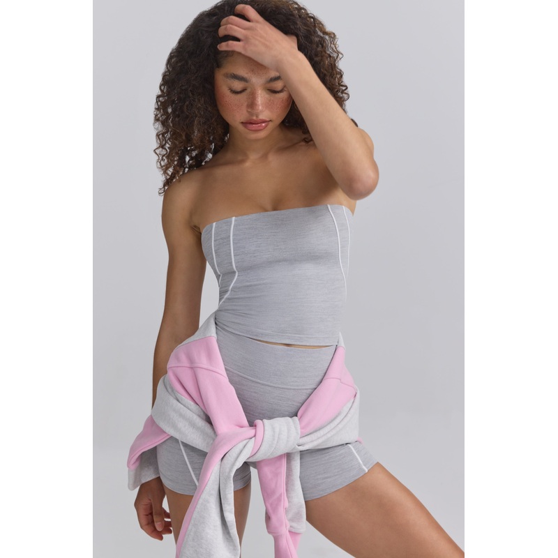 Soft Active Contrast-Trim Bandeau Top in Ice Grey