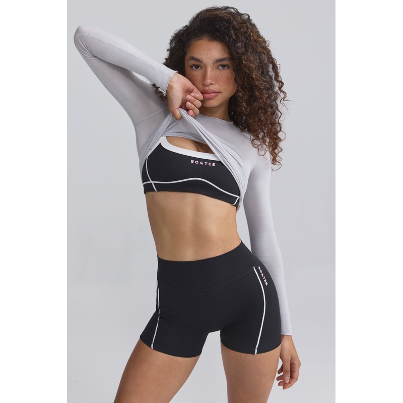 Soft Active Contrast-Trim Mini Shorts in Black
