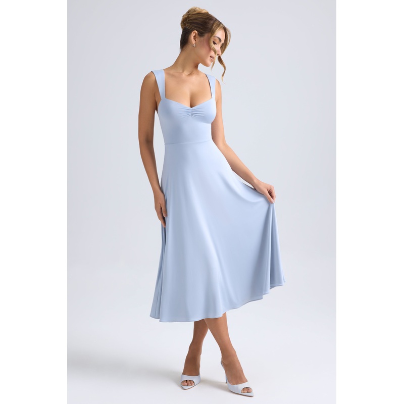 Sweetheart-Neck Ruched Midaxi Dress in Light Blue