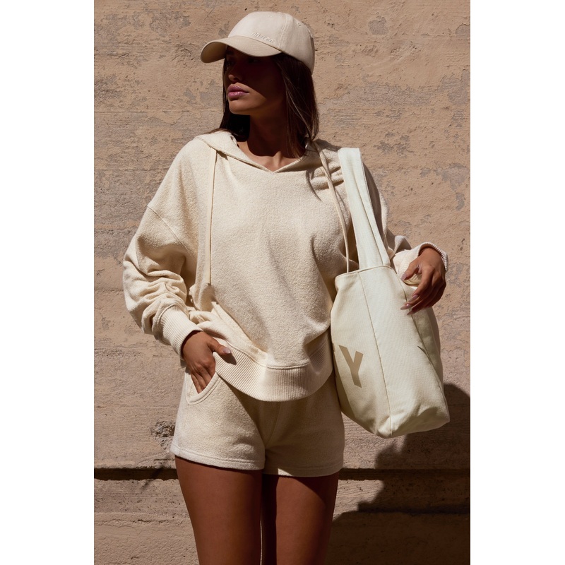 Terry Towelling V-Neck Hoodie in Cream