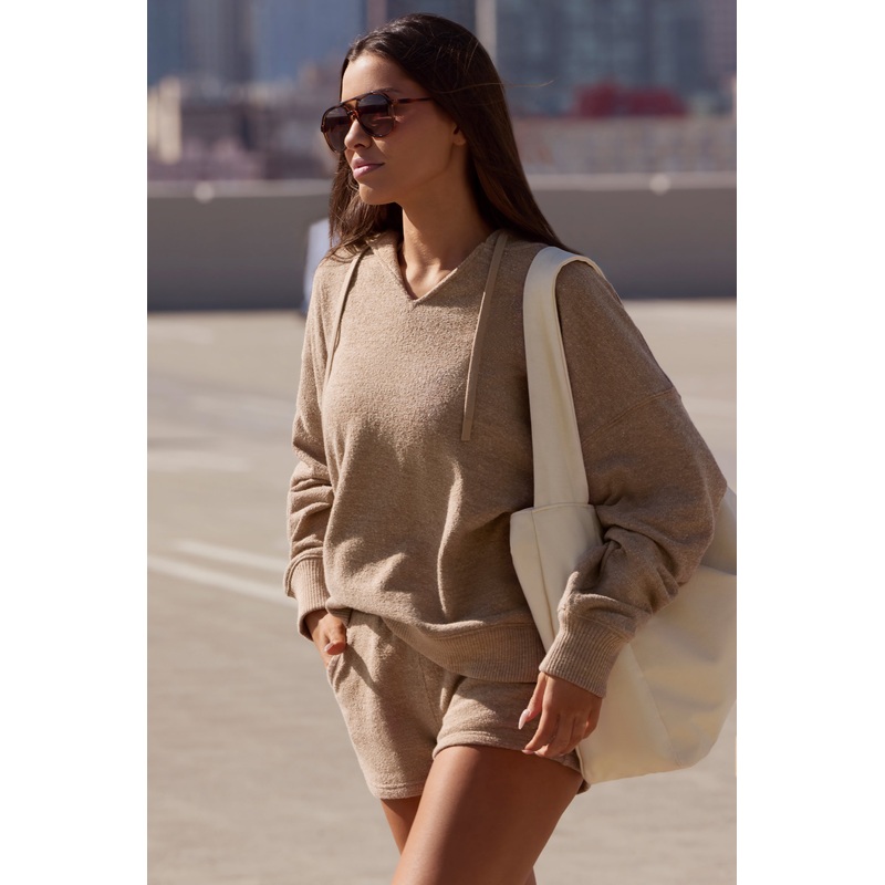 Terry Towelling V-Neck Hoodie in Mocha Brown