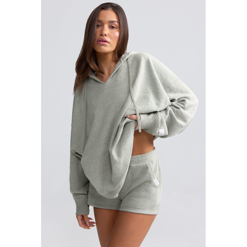Terry Towelling V-Neck Hoodie in Sage Grey