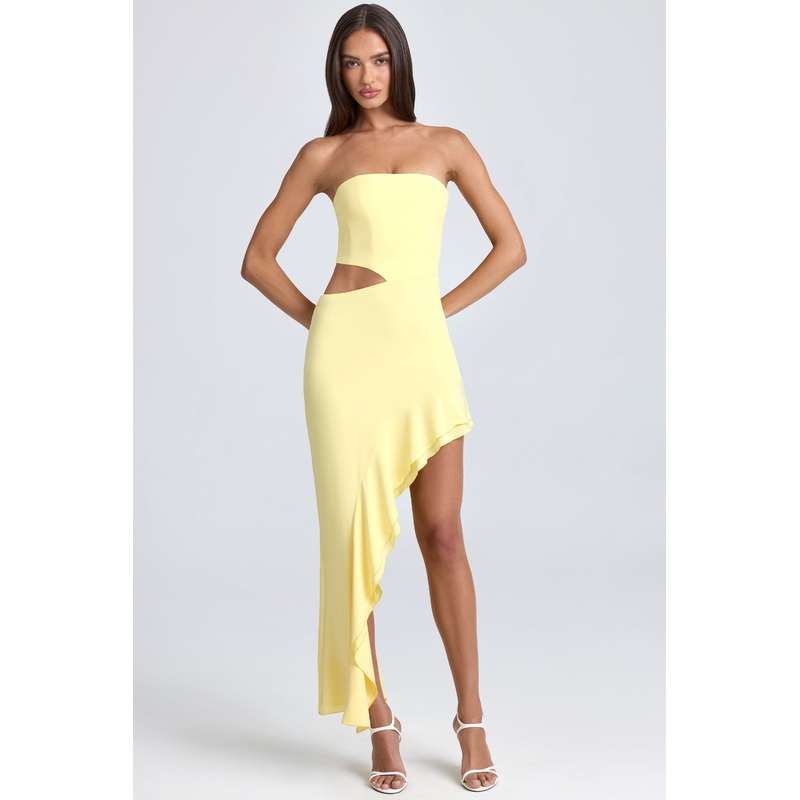 Bandeau Cut-Out Ruffle-Trim Maxi Dress in Lemon Sherbet